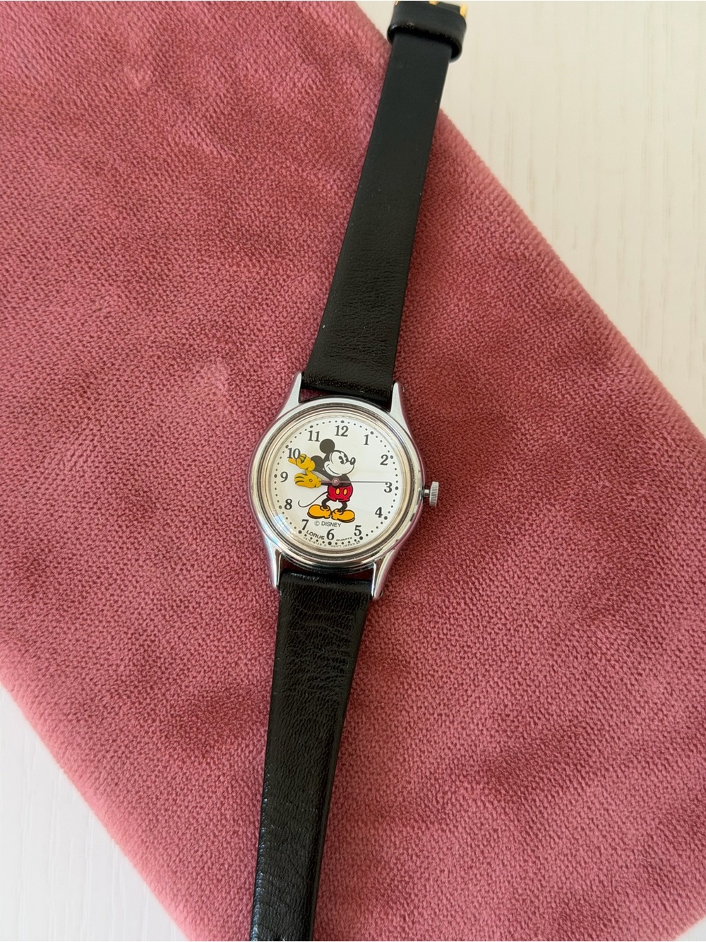 Vintage Lorus Disney Mickey Mouse Quartz Watch Silver Tone Black Leather